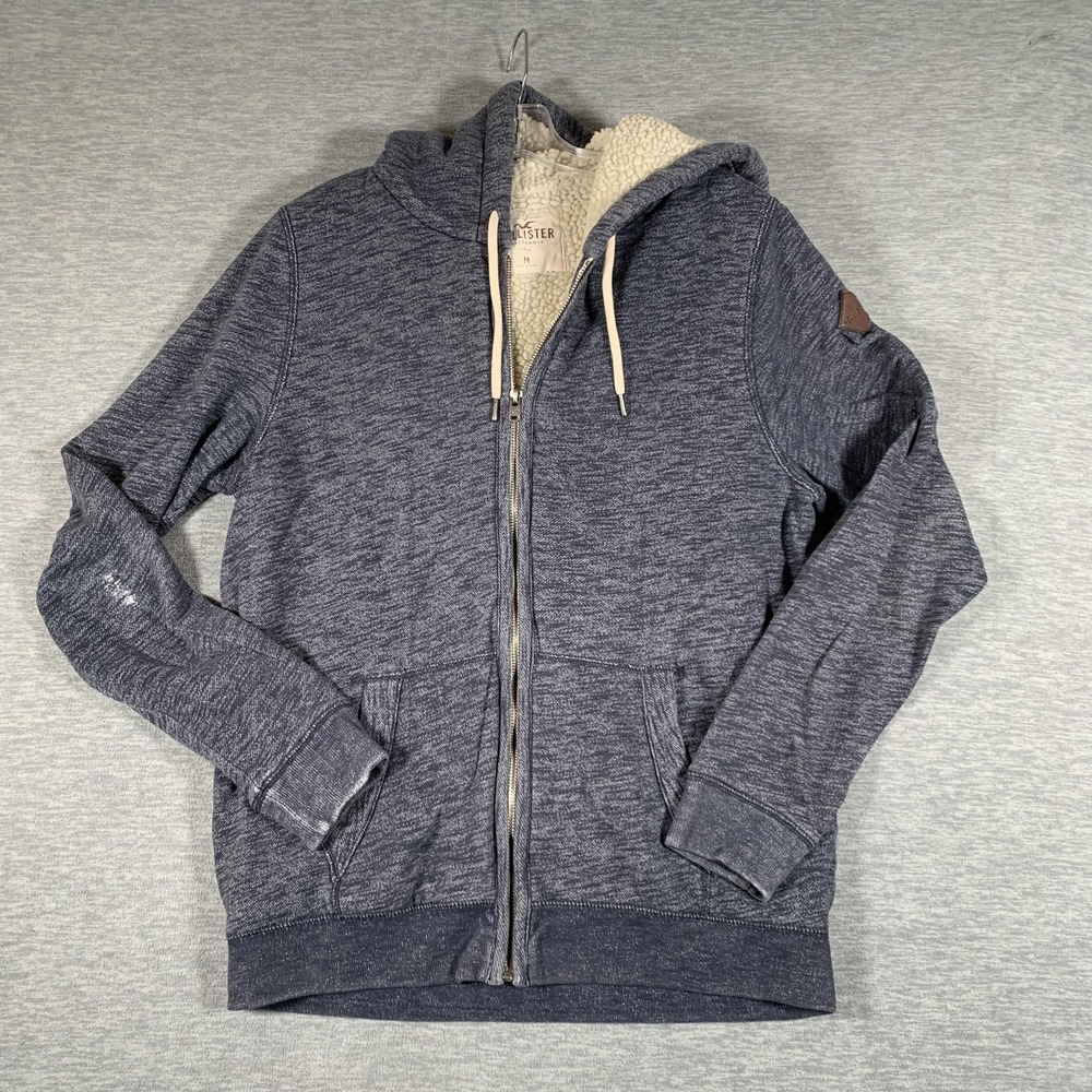 Hollister Hoodie Mens Medium Blue Sherpa Lined Full Zip Fleece Jacket Sweatshirt